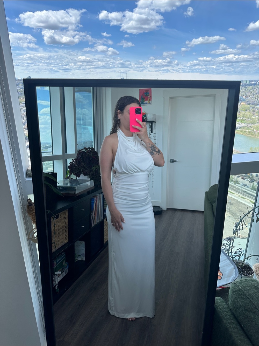 Zara White Halter Ruched Maxi Dress